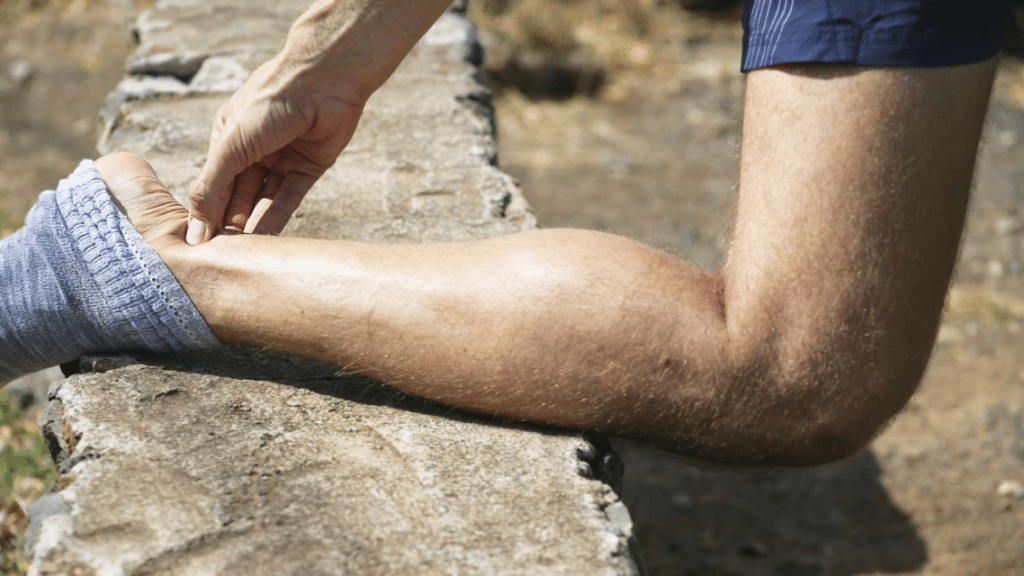 male holding his Tendon on foot